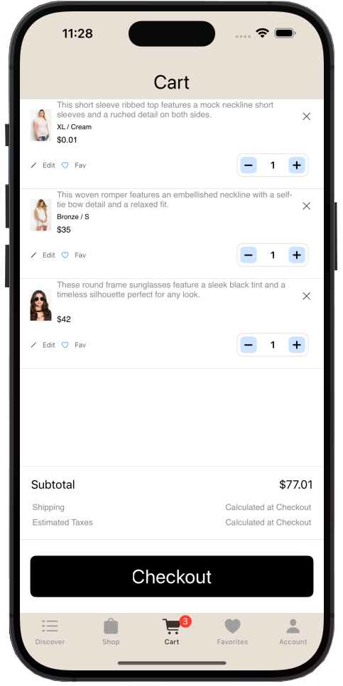 Shopping cart screen showing items added for purchase