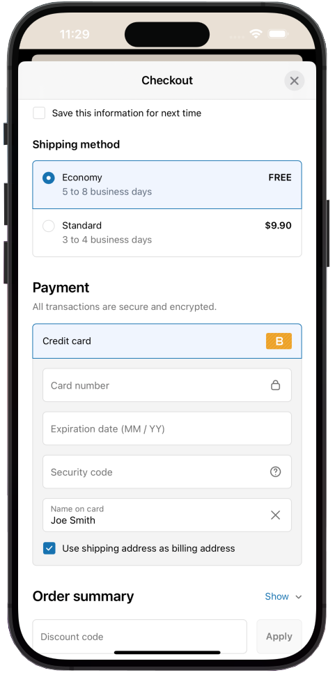 Checkout screen with delivery and payment options