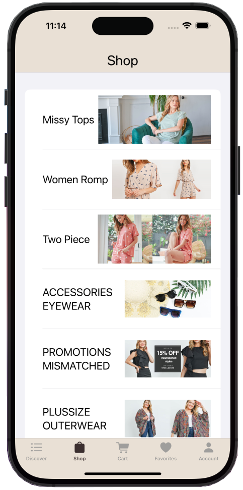 Collections screen showing categories of products