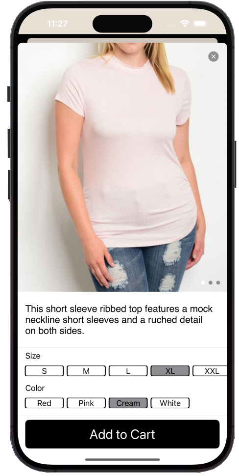 Product details screen with image and Add to Cart button